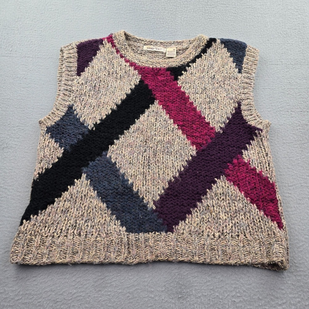 Vintage Hand Knit Chunky Sweater Vest Womens Medium Multicolor Geometric Ribbed